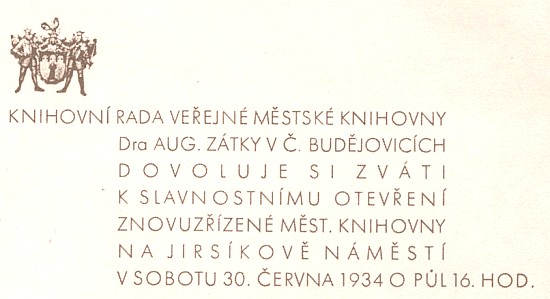 1934 - Pozvánka k slavnostnímu otevření knihovny po adaptaci v roce 1934
