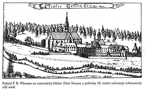 Pohled na cisterciácký klášter Zlatá Koruna z poloviny 18. století